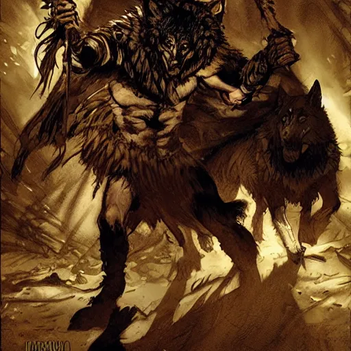 Image similar to king of the wolves. human king. Dungeon scene. By Travis Charest, James Gurney, and Ashley Wood. dramatic lighting. Magic the gathering. digital painting.