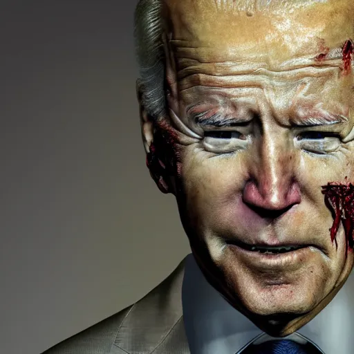 Image similar to joe biden as a rotting zombie, full body portrait, in a front of podeum, horror core, apocalyptic, feeling of grimdark, sharp focus, fiction, hyper detailed, digital art, trending in artstation, cinematic lighting, studio quality, smooth render, unreal engine 5 rendered, octane rendered, art style and nixeu and wlop and krenz cushart