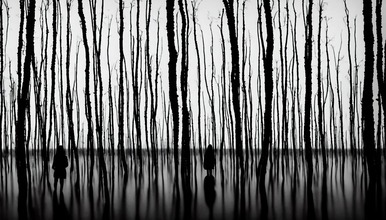 Prompt: silhouette of a person in wavy flood thin birch swamp, scary, dark, atmospheric, ambient vibe, very detailed, 8 k