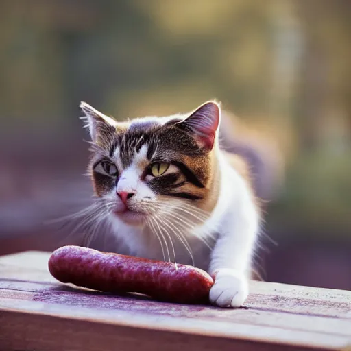 Image similar to a cat with a sausage : : photorealistic : : 1 sunlight : : 1 telephoto lens : : 1 coquelicot color : : 1 dof