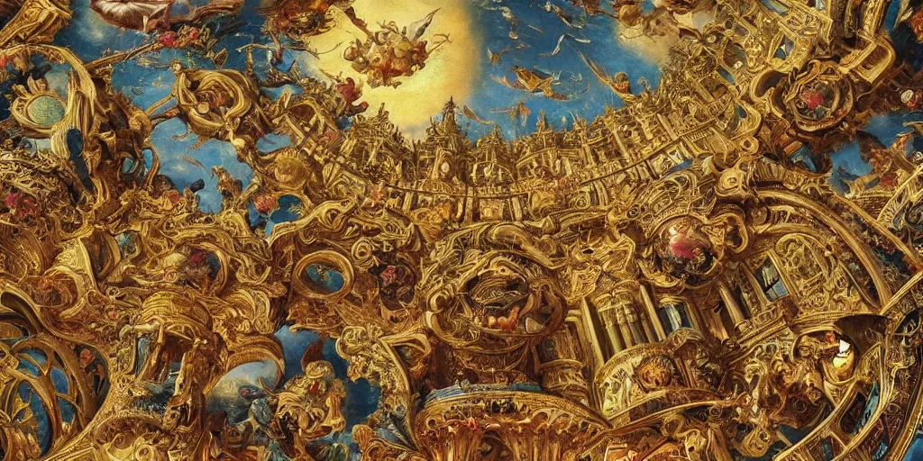 Image similar to beautiful!!!!! ornate heavenly!!!!!!!! gold rococo megastructure in the style of heironymus bosch, colorful intricate masterpiece, hyper detailed, hd