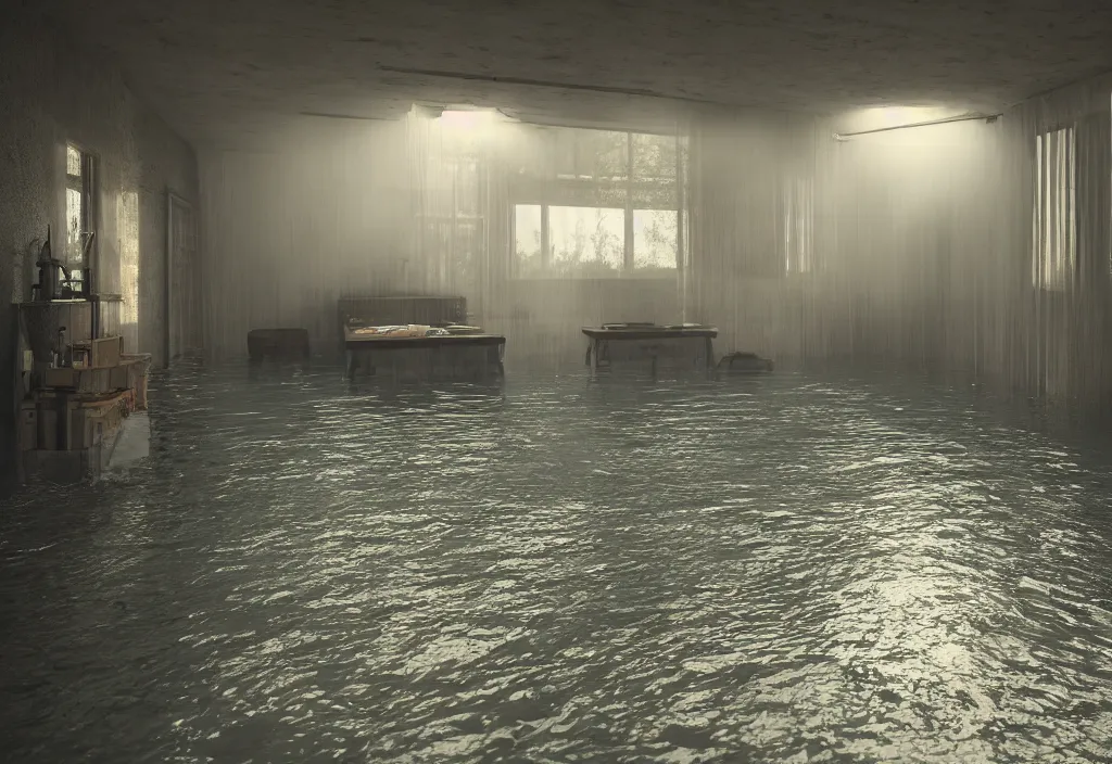 Prompt: kodak portra 4 0 0 photographic and realistic, interior theater, detailed, octane render, unreal engine, 4 k, artstation, hyper realistic, wide angle, floor flooded, how a river, objects that float, 3 5 mm, sharp focus, soft light, volumetric light fog, in the style of gregory crewdson