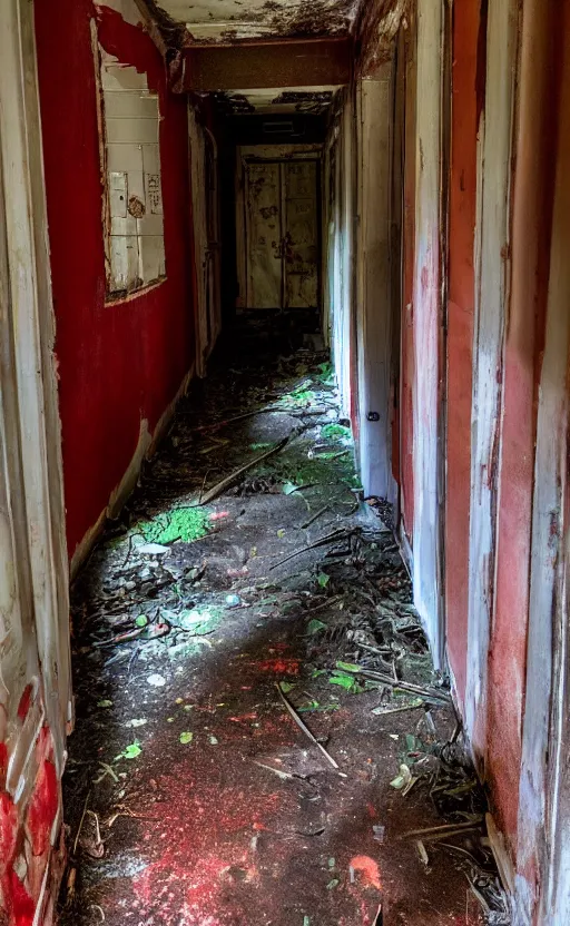 Image similar to high quality photo of a slimy red monster in the hallway of an old abandoned victorion house