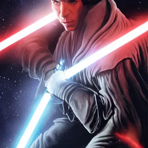 Image similar to starkiller from the force unleased having a lightsaber duel with luke skywalker ultrarealistic, foggy, dramatic,