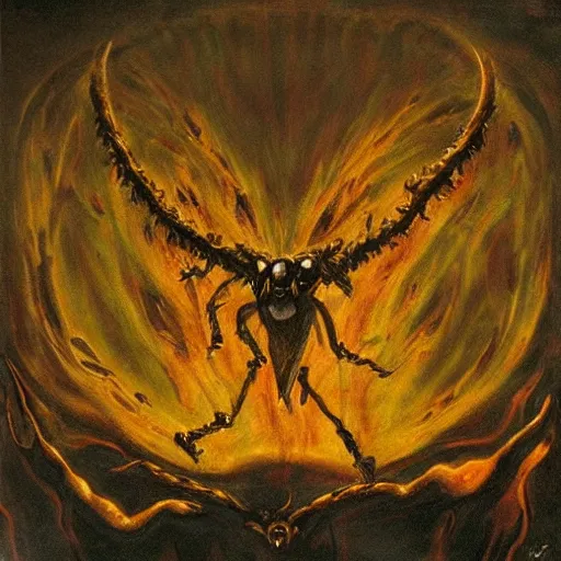 Prompt: hornet headed demon in a Dante’s inferno hellscape, molten, reflections, flames, shadows, intricate detail, famous painter,