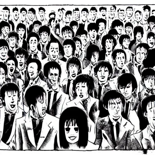 Prompt: drunk english football fans by junji ito