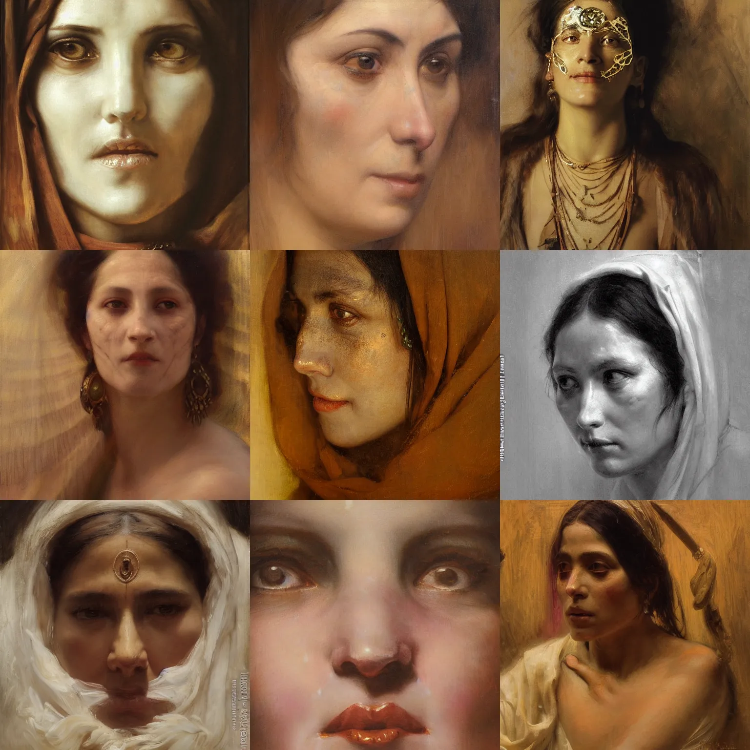Prompt: white eyes blind woman orientalism face detail by theodore ralli and nasreddine dinet and anders zorn and edwin longsden long, bronze age, sword and sorcery, oil on canvas, masterful intricate artwork, excellent lighting, high detail 8 k