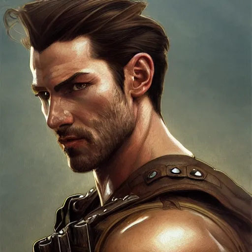 Prompt: portrait of a rugged ranger, handsome, muscular, half body, leather, smirk, fantasy, intricate, elegant, highly detailed, digital painting, artstation, concept art, smooth, sharp focus, illustration, art by artgerm and greg rutkowski and alphonse mucha