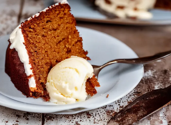 Image similar to dslr food photograph of warm. utter cake topped with a scoop vanilla bean ice cream, 8 5 mm f 1. 8