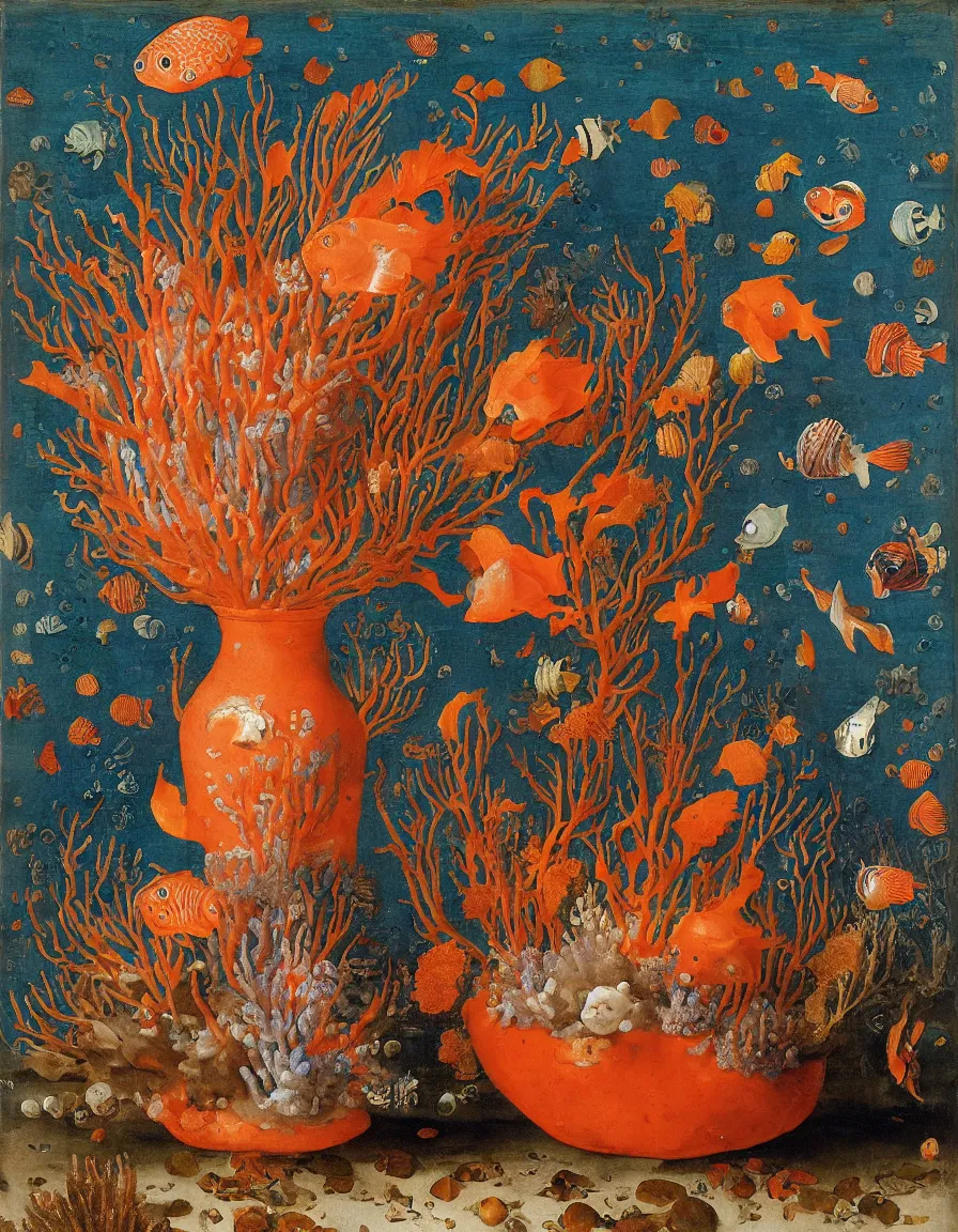 Image similar to bottle vase of coral under the sea decorated with a dense field of stylized scrolls that have opaque outlines enclosing mottled blue washes, with orange shells and purple fishes, ambrosius bosschaert the elder, oil on canvas, around the edges there are no objects