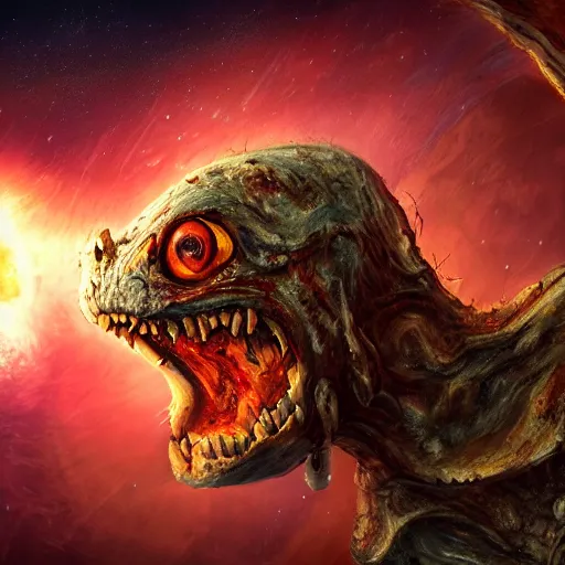 Image similar to eldritch horror bloody garfield in space, hd, 8 k, giant, epic, realistic photo, unreal engine, stars, prophecy, powerful, cinematic lighting, destroyed planet, debris, violent, sinister, ray tracing, dynamic, epic composition, dark, horrific, teeth, grotesque, monochrome drawing, hellscape