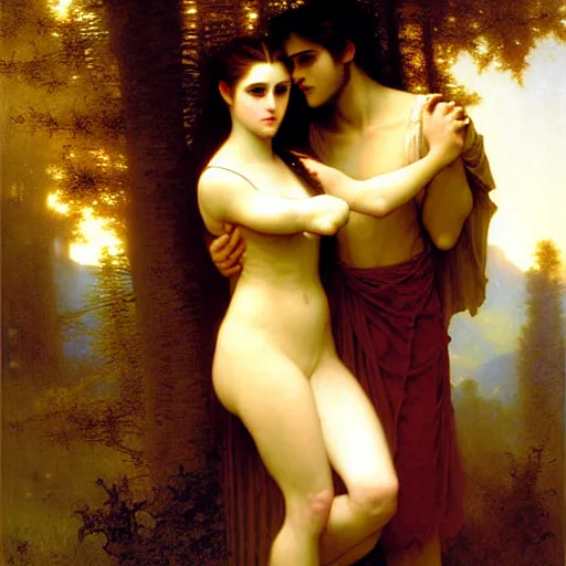 Image similar to twilight portrait of edward and bella in ancient forest by william - adolphe bouguereau in the style of gaston bussiere, art nouveau