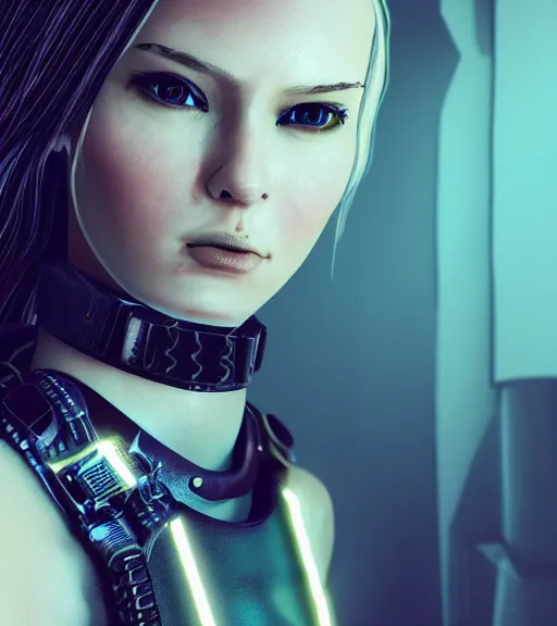 Image similar to detailed realistic female character cyberpunk wearing thick technological collar around neck, realistic, art, beautiful, 4K, collar, choker, collar around neck, punk, artstation, detailed, female, woman, choker, cyberpunk, neon, punk, collar, choker, collar around neck, thick collar, tight around neck, punk,