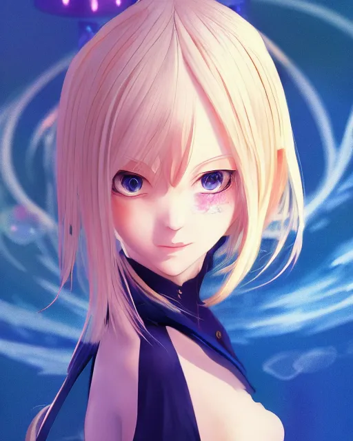 Prompt: Alice by Zeronis and Avetetsuya Studios and Andrew Khok and Yi Qiang Cao and Mitsu Art, Alicization, flowing blonde hair, anime, symmetrical face, blue eyes, elegant, sunset, trending on artstation, artstationHD, artstationHQ, patreon, 4k, 8k