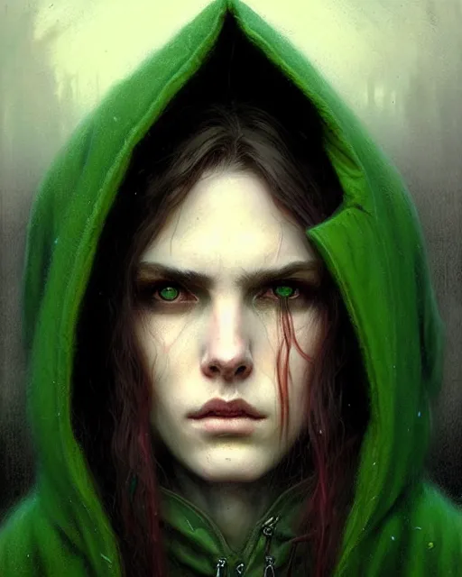 Image similar to portrait Green hooded jacket coat Hunter elf, long-haired By greg rutkowski, tom bagshaw, beksinski