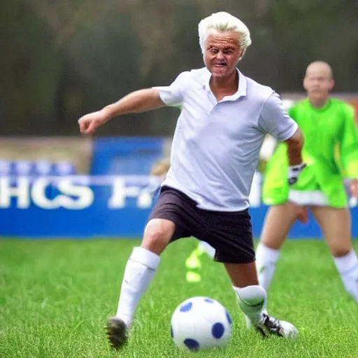 Image similar to geert wilders as soccer player in action, scoring goal