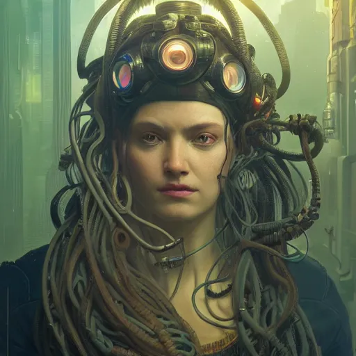 Image similar to portrait of Medusa with vr headset, cyberpunk, thick cables on the head, futuristic hi-tech details, ominous, intricate, art by anthony macbain + greg rutkowski + alphonse mucha, concept art, 4k, sharp focus, cinematic unreal engine