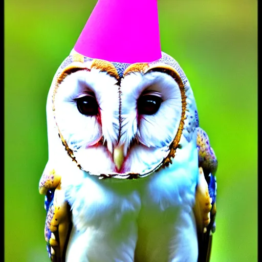 Image similar to barn owl wearing a birthday hat