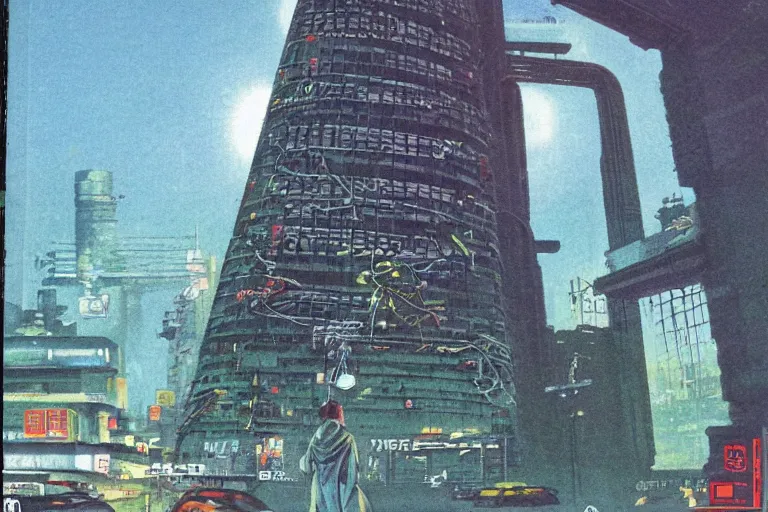 Image similar to 1 9 7 9 omni magazine cover of gate tower building off - ramp in fukushima. in cyberpunk style by vincent di fate