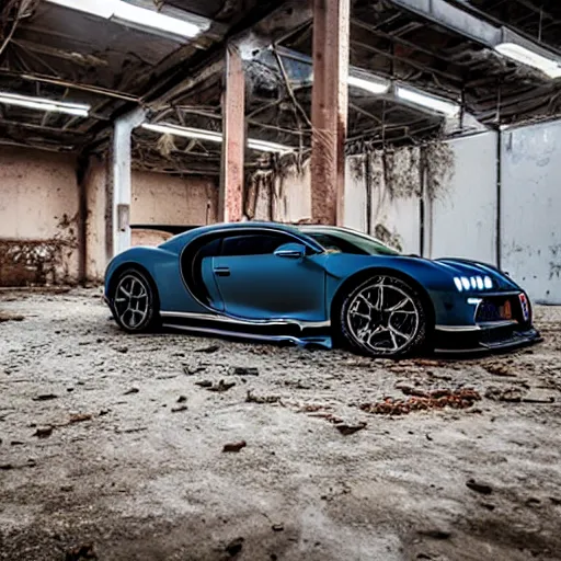 Image similar to an abandoned, derelict, ( really rusty ) bugatti chiron in a dirty warehouse