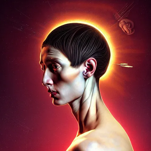 Image similar to Colour Caravaggio style Photography of Beautiful woman with highly detailed 1000 years old face wearing higly detailed sci-fi halo over her head designed by Josan Gonzalez. Many details . In style of Josan Gonzalez and Mike Winkelmann andgreg rutkowski and alphonse muchaand and Caspar David Friedrich and Stephen Hickman and James Gurney and Hiromasa Ogura. volumetric natural light