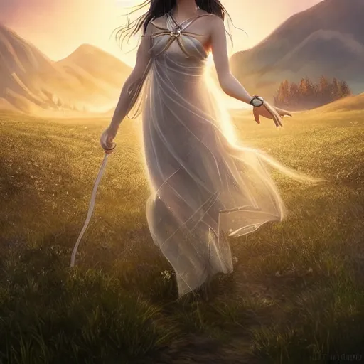 Image similar to a radiant greek mythology goddess walking in a beautiful field, mountains in the distance, jewelry, crown, confident, gorgeous, stunning, dramatic lighting, detailed, very realistic, trending on Artstation, Cgsociety