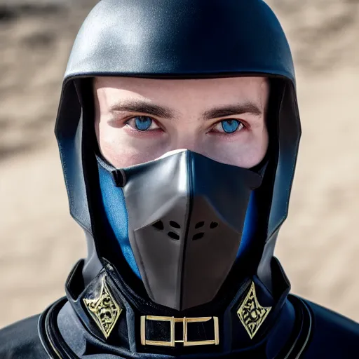 Prompt: medium face shot of adult Austin Butler with exposed head, dressed in black-prussian blue futuristic-tudoresque clothing with embroidered-Ram-emblem, and nanocarbon-vest, in an arena in Dune 2021, XF IQ4, f/1.4, ISO 200, 1/160s, 8K