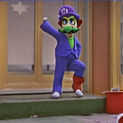 Prompt: A film still from a gritty 1970s Martin Scorcese movie about Waluigi. Realism. 4k. 8mm. Grainy. Panavision.