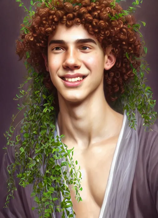 Image similar to portrait of teenage zeus, greek, short curly copper hair, smiling mischievously, wearing a white sash, olive tree, intricate, elegant, lightning bolt, glowing lights, highly detailed, digital painting, artstation, concept art, smooth, sharp focus, illustration, art by wlop, mucha, artgerm, and greg rutkowski