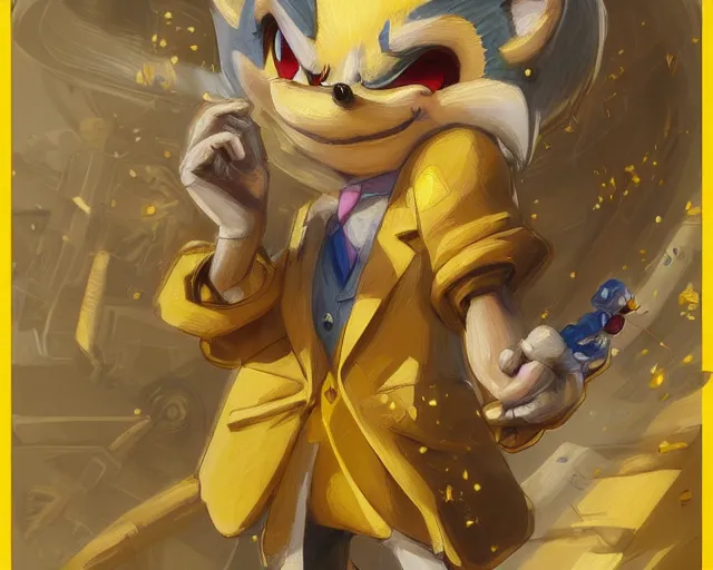 Prompt: sonic the hedgehog, mustard yellow dress shirt and necktie, focus, d & d, intricate, elegant, highly detailed, digital painting, artstation, concept art, matte, sharp focus, illustration, hearthstone, art by artgerm and greg rutkowski and alphonse mucha