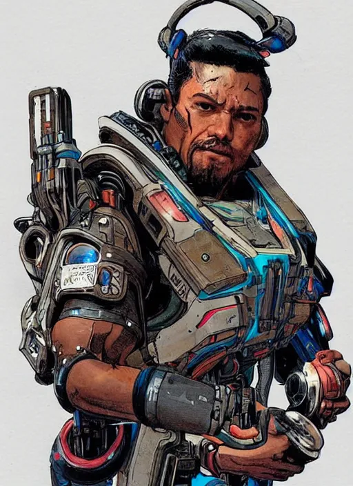 Prompt: hector. apex legends cyberpunk weight lifter with huge robot arms. concept art by james gurney and mœbius. gorgeous face, cinematic, dramatic lighting ( cyberpunk 2 0 7 7 ), clean aesthetic