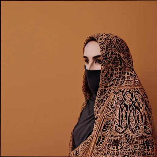 Prompt: anna forsterling and saul bromberger, yulia nevskaya, pulitzer, photorealistic, bokeh, fine hyperrealistic details, intricacy, aesthetic / woman wear burqa ride camel and handling gun in shaaran