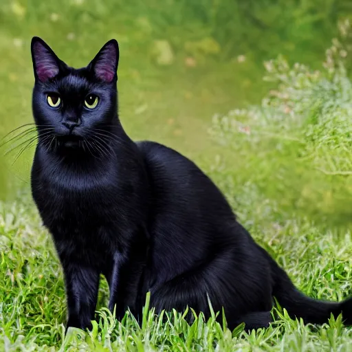 Image similar to photorealistic black cat with a white spade marking on its chest. red eyes. standing on its back legs