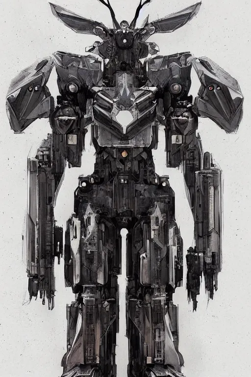 Image similar to very symmetrical!! full body illustrations of mecha, pen and ink, moderately detailed, by james gurney, by greg rutkowski, concept art, moth wing, bird feathers, spread wing, artstation, deviantart, pinterest, unreal engine