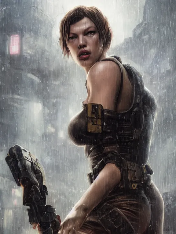 Image similar to portrait of milla jovovich from resident evil fighting in the wreckage city in the rain, by tom bagshaw, cedric peyravernay, james paick, ted nasmith, peter gric, hugh ferriss, trending on artstation, 8 k, blade runner 2 0 4 9, ultra realistic, high detail, golden ratio, cinematic lighting, maximalist