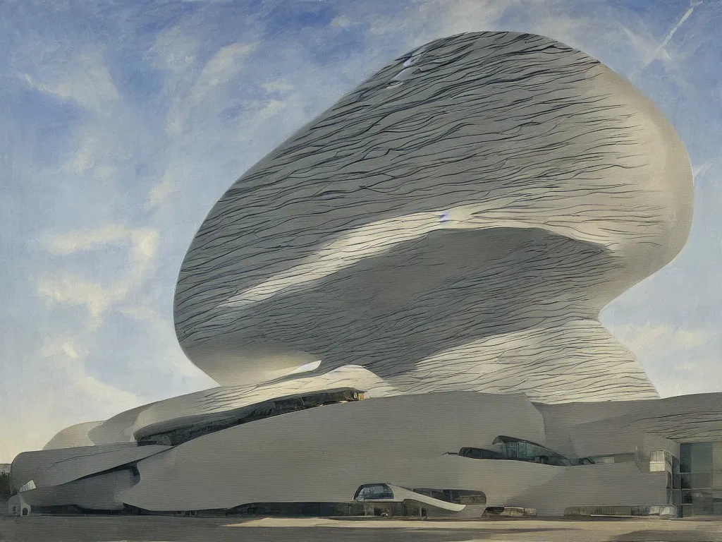 Prompt: a epic painting of a niemeyer and zaha hadid building, by brian despain, harriet backer