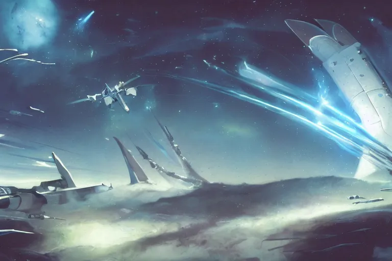 Image similar to a pterodactyl mecha, fighter-jet sized, smooth, john berkey white plastic panels, robotech styling Raymond Swanland and Jessica Rossier nebula like clouds in space background near a ringed gas giant, distant explosions and spaghetti-like missile rocket exhaust trails by cinematic lighting, hyper detailed hyper detailed, 8k, ultra realistic, cinematic lighting, ultra wide 35mm lens