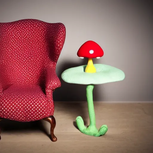 Image similar to A toad seated on an amanita-colored chair, a frog in a relaxing pose manspreading on a toadstool, chair with a red polka dot pattern