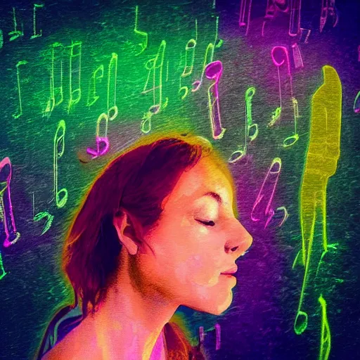 Image similar to “a woman with synesthesia listening to an orchestra at a concert hall, digital art”