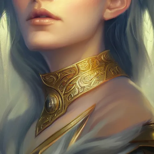 Image similar to Beautiful elegant regal high elf royalty portrait, face centered portrait, Confident, fog, volumetric lighting, beautiful, golden hour, sharp focus, ultra detailed, conceptartworld by Leesha Hannigan, Ross Tran, Thierry Doizon, Kai Carpenter, Ignacio Fernández Ríos