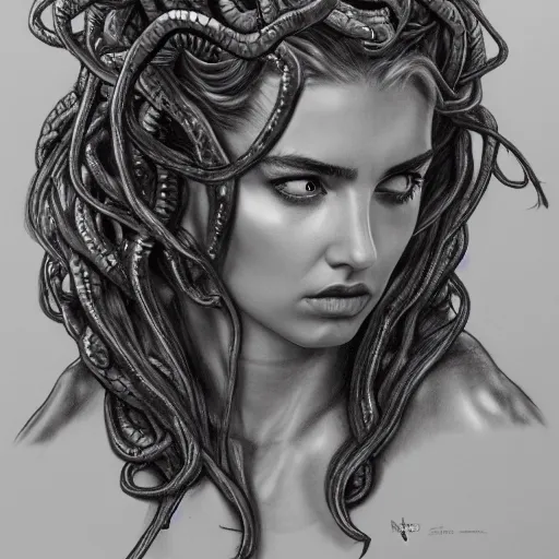 Prompt: ana de armas bust as medusa from greek mythology, big living snakes in place of hair, big cobra in his head, pencil drawing, hyperdetailed, 8 k realistic, trending on artstation, by alphonso dunn and rob plater and miles yoshida
