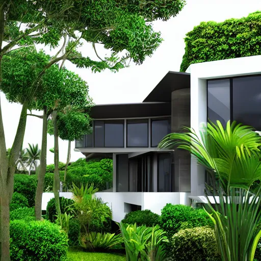 Prompt: modern house, surrounded by a lush jungle, hyper realistic, photo real, HD