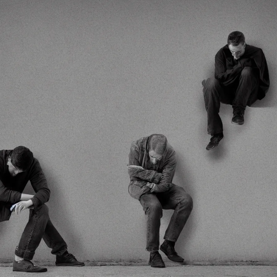 Image similar to cover artwork for a song about boredom and mental health, a man with his head leaned low against the wall, as if exasperated.