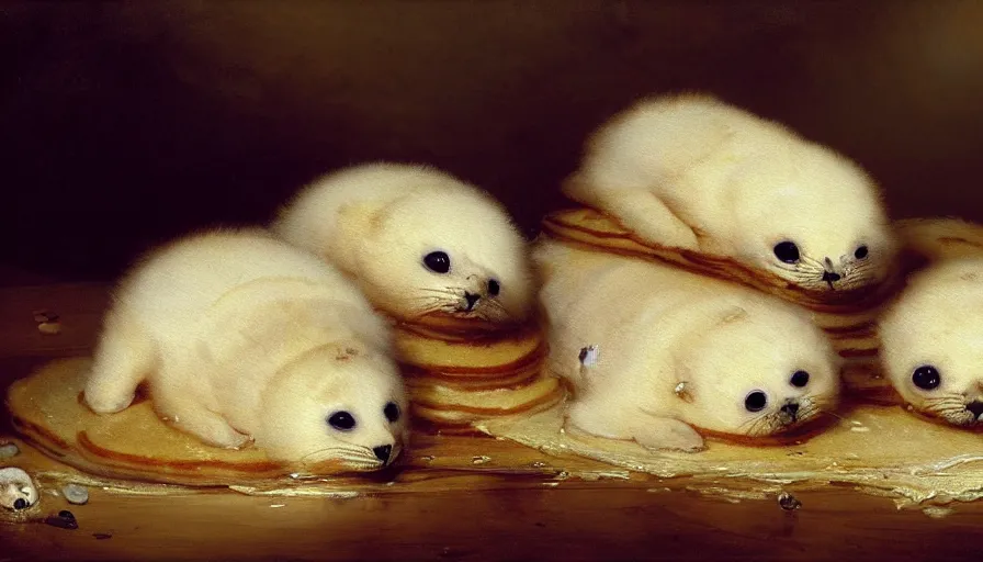 Prompt: highly detailed painting of cute furry white baby seals in a pile of jam pancakes on a table by william turner, by greg rutkowski, by william constable, thick brush strokes and visible paint layers, 4 k resolution