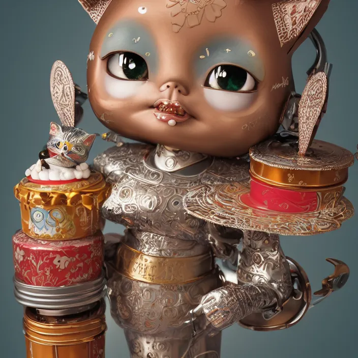 Image similar to closeup face profile portrait of a tin toy cat eating cakes, depth of field, zeiss lens, detailed, symmetrical, centered, fashion photoshoot, by nicoletta ceccoli, mark ryden, lostfish, breathtaking, 8 k resolution, extremely detailed, beautiful, establishing shot, artistic, hyperrealistic, octane render