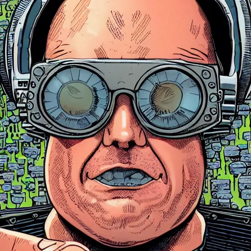 Image similar to close up portrait of a cyberpunk goth guy wearing goggles and eccentric jewelry, by geof darrow, geof darrow art,