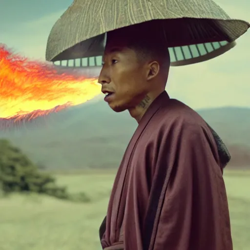 Image similar to cinematic film still Pharrell Williams starring as a Samurai holding fire, Japanese CGI, VFX, 2003, 40mm lens, shallow depth of field,film photography