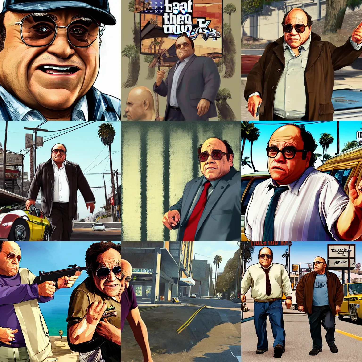 Prompt: danny devito in gta v, promotional art by stephen bliss, no text