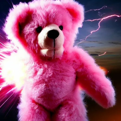 Image similar to fluffy pink teddybear in superhero costume, cinematic explosions, dramatic pose