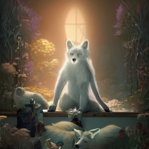 Image similar to elegant anthropomorphic arctic fox butler by artgerm, victo ngai, ryohei hase, artstation, highly detailed digital painting, smooth, global illumination, fantasy art by greg rutkowsky, karl spitzweg